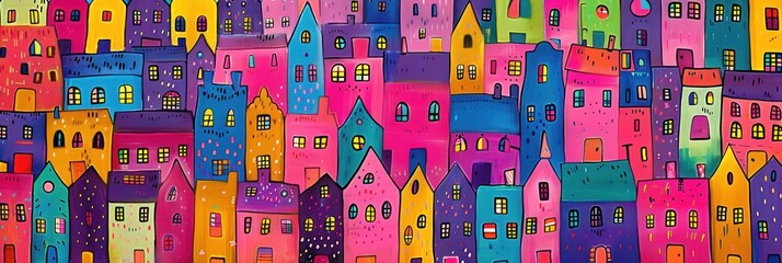 A cityscape painting with colorful houses.