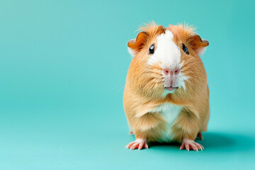 A red guinea pig with white spots on its face and belly on a blue background with copy space on the left. Banner, postcard.