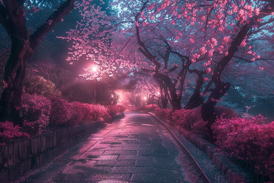 Sakura blossoms along the rocky road in the evening. Place for relaxation and walking, Beautiful view, landscape, nature, banner.