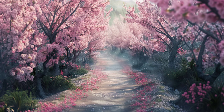 On a sunny day, cherry blossoms bloom along the road. Place for relaxation and walking, Beautiful view, landscape, nature, banner.
