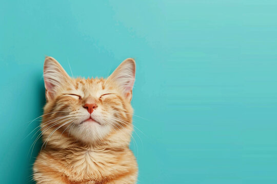 An adult, red cat lies contentedly with his eyes closed on a blue background. Cute animal image in a minimalist style with copy space on the right.