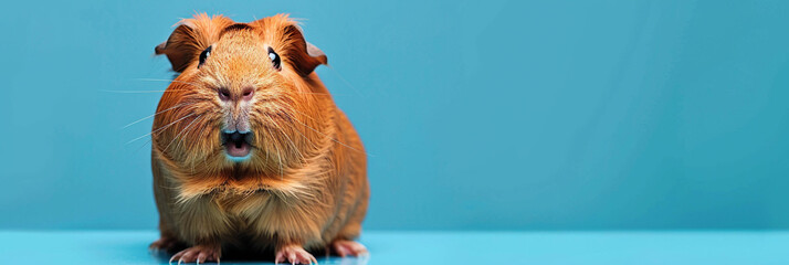 A surprised guinea pig with an open mouth stands on a blue background with copy space on the right. Banner, postcard. - obrazy, fototapety, plakaty