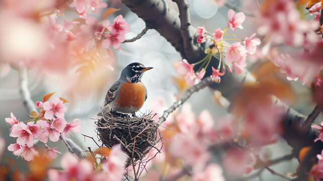 A robin building its nest in a blooming cherry