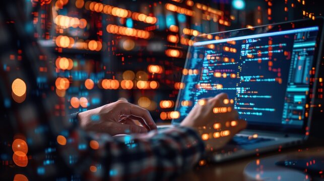 Portrait hand of software engineer working on laptop with circuit board. AI generated image