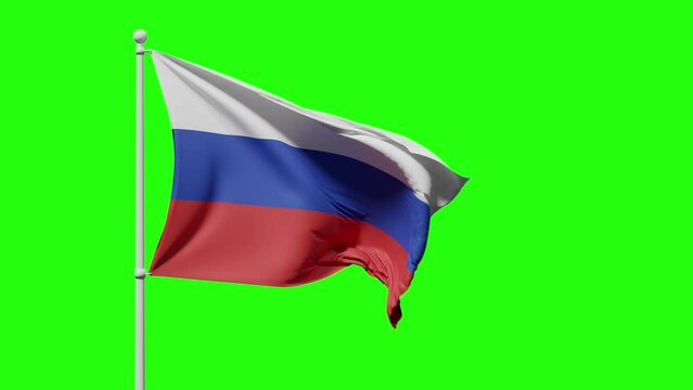 Flag of Russia with three horizontal stripes of white and blue color flutters in the wind against a green screen or chroma key
