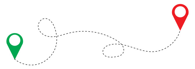 Route between two map pointers. Vector illustration of road from start to finish. Concept of distance and direction of travels. Map pin and track line.