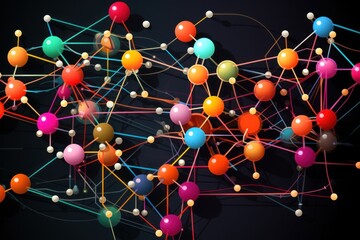 A group of vibrant balls connected to each other in a network of colors