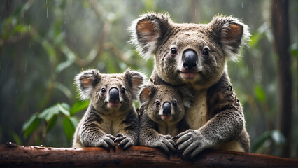 Koala with cubs enjoying rain at forest  - obrazy, fototapety, plakaty