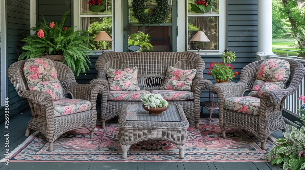 Sticker a set of wicker furniture on a porch with potted plants and potted plants on the side of the house.