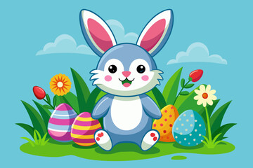 rabbits and Easter egg vector art illustration