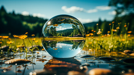 Surreal Reflections: Glass Ball Resting on Water Puddle