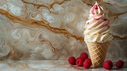 a vanilla ice cream sundae with raspberries on a marble table with a marble wall in the background. - obrazy, fototapety, plakaty