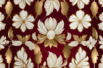 abstract white and gold floral pattern on a red background design.