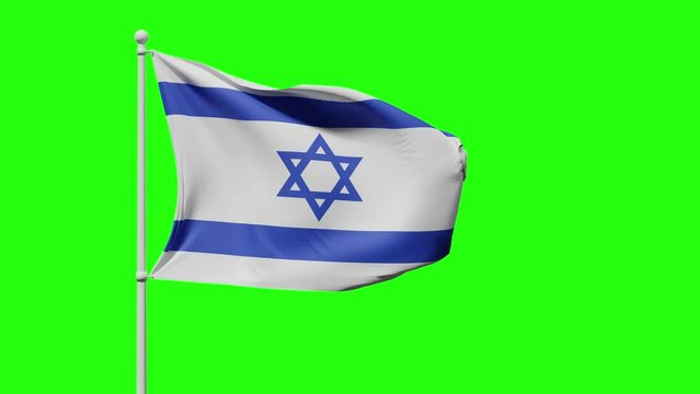 Flag of Israel with a blue Star of David and stripes flutters in the wind against a green screen background or chroma key