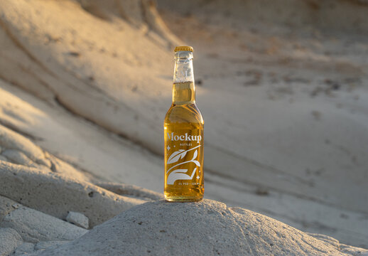 Bottle Standing on Rock Beach Mockup