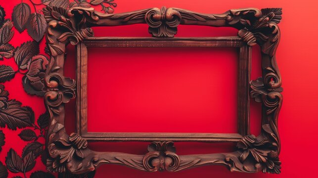 A picture frame elegantly sits atop a vibrant red wall