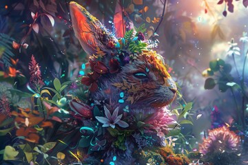Fototapeta na wymiar A whimsical digital painting featuring a rabbit surrounded by colorful flowers in a magical garden setting.