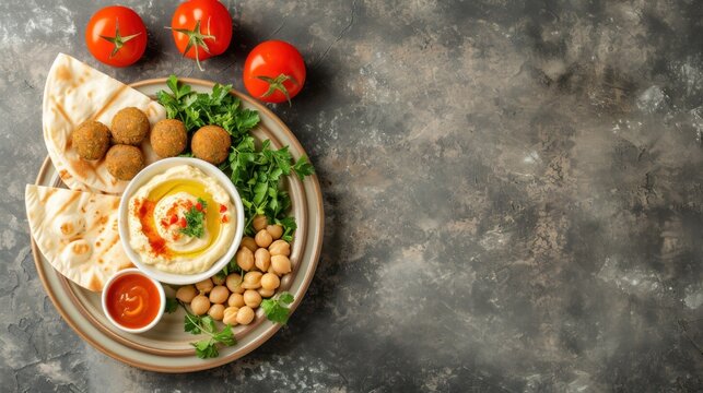 a plate of food that includes pita bread, tomatoes, chickpeas, lettuce, and hummus.
