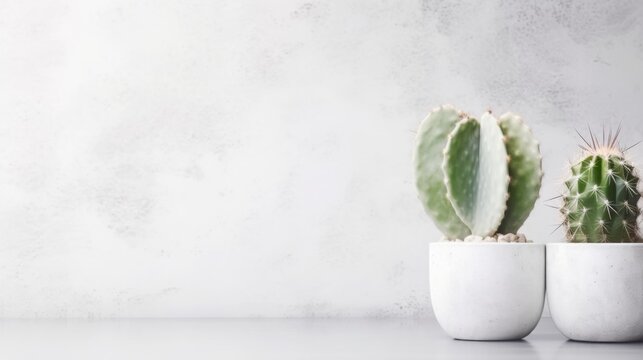 a cactus in a pot against a soft white painted concrete wall. Generative AI