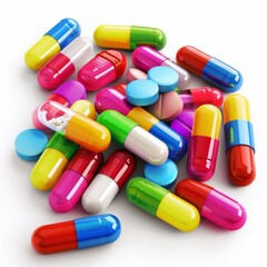 Assortment of colorful pills and capsules - An array of colorful healthcare pills and capsules isolated on a white background, representing medical treatment