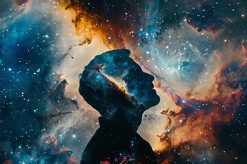 A mans head is floating in a space filled with twinkling stars, merging the boundaries between mankind and the universe. - obrazy, fototapety, plakaty