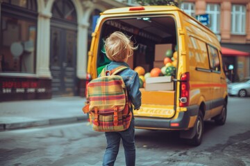 Child with backpack near yellow van - A young child with a colorful backpack is standing near a vibrant yellow delivery van, ready for an adventure