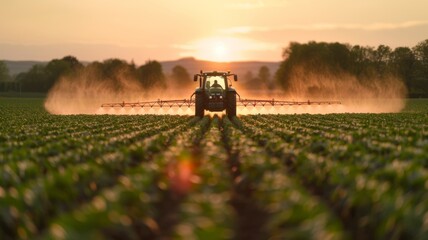 Modern tractor tending crops in tranquil field - Amidst rows of young crops, a modern tractor efficiently irrigates the field during a picturesque sunset