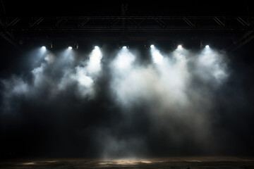 Empty dark space in the bright rays of spotlights and puffs of smoke. Generated by artificial...