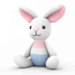Knitted toy white pink Rabbit isolated on white background. Cute crochet wool doll rabbit.