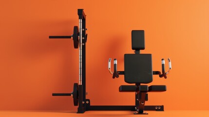 A weight machine rests atop a vibrant orange wall