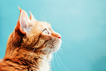 Side view of a cute red cat isolated on light blue background, with copy space.