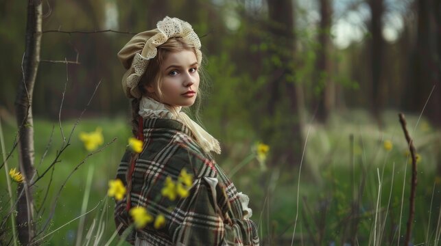 A cute historical medieval girl in a traditional scottish dress in the forest. AI generated image