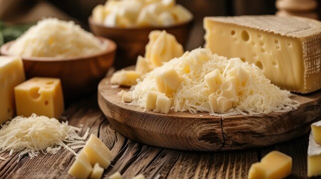 a pile of cheese sitting on top of a wooden table next to bowls of cheese and grated parmesan cheese.