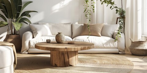 A comfortable and stylish modern Scandinavian living room featuring a round wooden coffee table, a luxurious white sofa, potted plants, and soft, textured throw pillows.