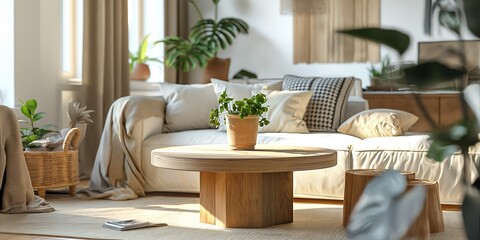 Fototapeta na wymiar A comfortable and stylish modern Scandinavian living room featuring a round wooden coffee table, a luxurious white sofa, potted plants, and soft, textured throw pillows.