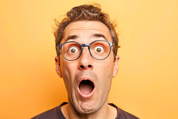 A man wearing glasses is caught in a moment of surprise, his eyebrows raised and mouth slightly agape. Isolated on yellow background. Copy space.