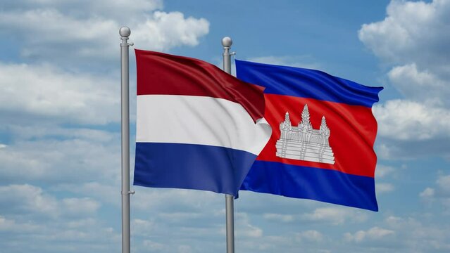 Cambodia and Netherlands two flags waving together, looped video, two country relations concept
