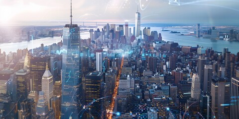 An overhead view of Manhattan, New York, USA, featuring futuristic digital healthcare holograms overlaid on Upper Manhattan, Midtown, and Downtown. - obrazy, fototapety, plakaty