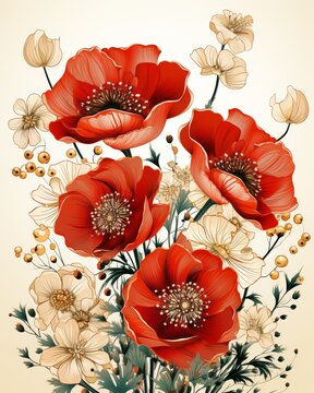 red wildflowers on a beige background, modern graphics, vertical