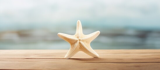 A starfish is resting on a wooden table, surrounded by a peaceful landscape with water, sky, and...