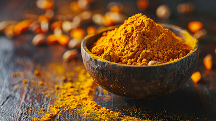 Composition with bowl of turmeric powder on woode - Powered by Adobe