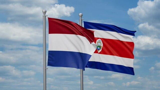 Costa Rico and Netherlands two flags waving together, looped video, two country cooperation concept