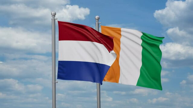 Ivory Coast or Cote d'Ivoire and Netherlands two flags waving together, looped video, two country cooperation concept