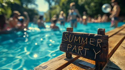 Papier Peint photo Lavable Spa Summer party sign with text "SUMMER PARTY" concept image with pool party with people in background