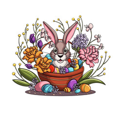 Easter bunny with flowers and eggs basket. Cartoon illustration.