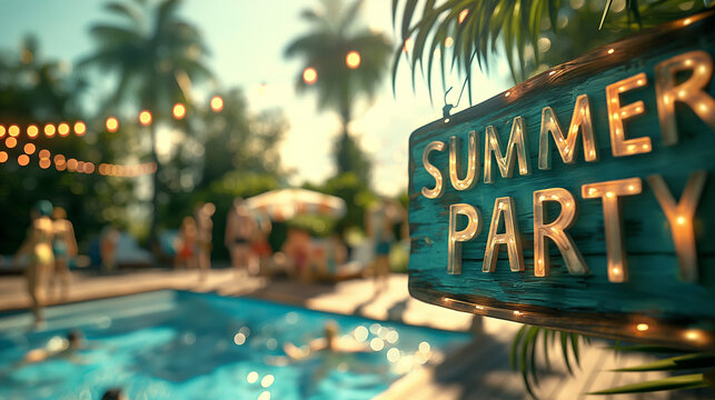 Summer party sign with text "SUMMER PARTY" concept image with pool party with people in background