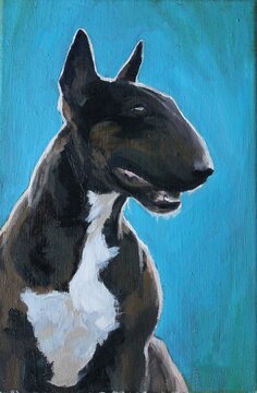 Bullterrier dog breed bulterier - dog portrait, bust. Oil painting on canvas made by hand with paints, blue background