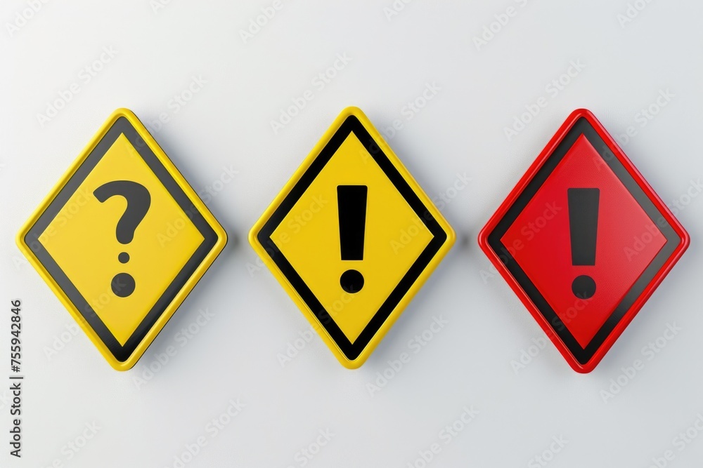 Poster Three warning signs with symbols for caution and attention. Suitable for safety and hazard concepts.
