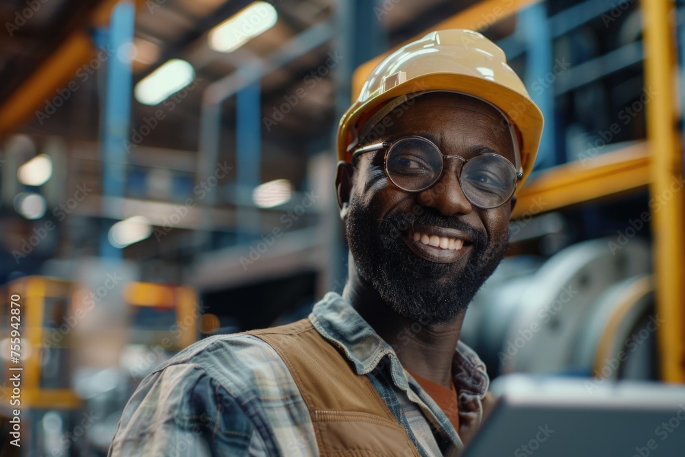 Poster a man in a hard hat and glasses using a laptop. suitable for construction or technology concepts.