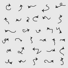  Hand drawn line drawing arrow set design isolated on gray background.